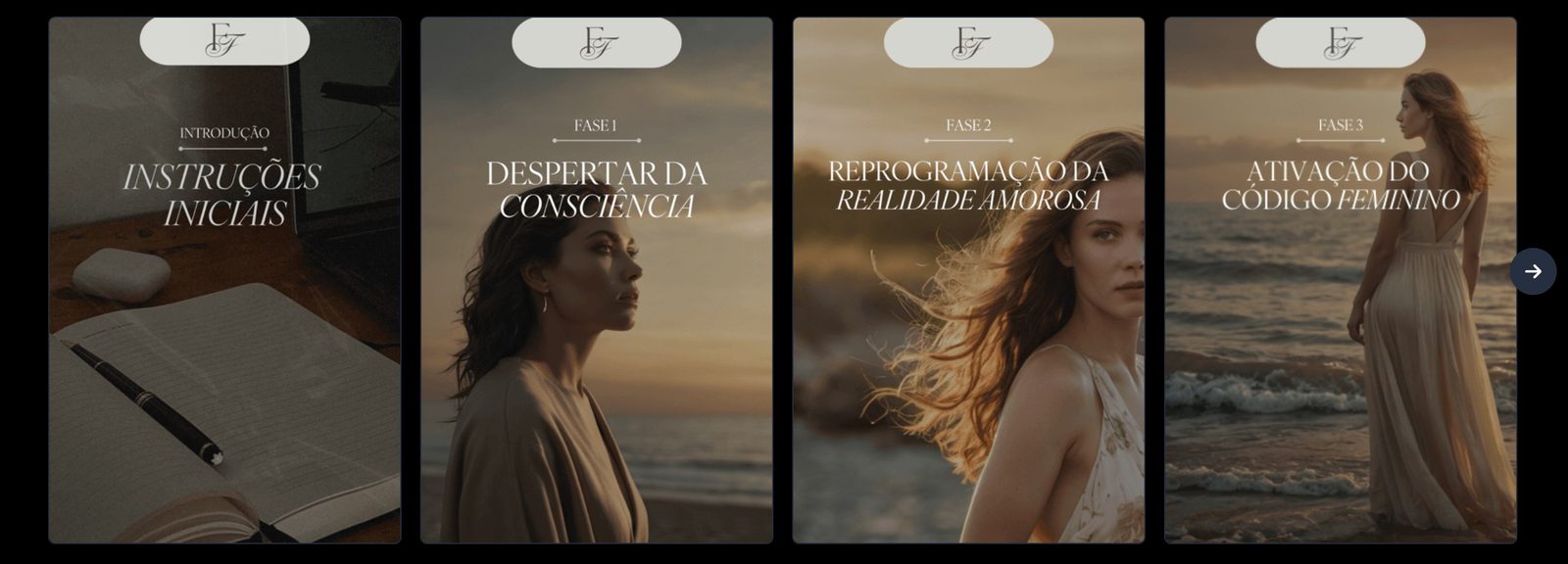 Trilha 1 — prévia da área de membros mostrando Instruções Iniciais, Fase 1 Despertar da Consciência, Fase 2 Reprogramação da Realidade Amorosa e Fase 3 Ativação do Código Feminino
