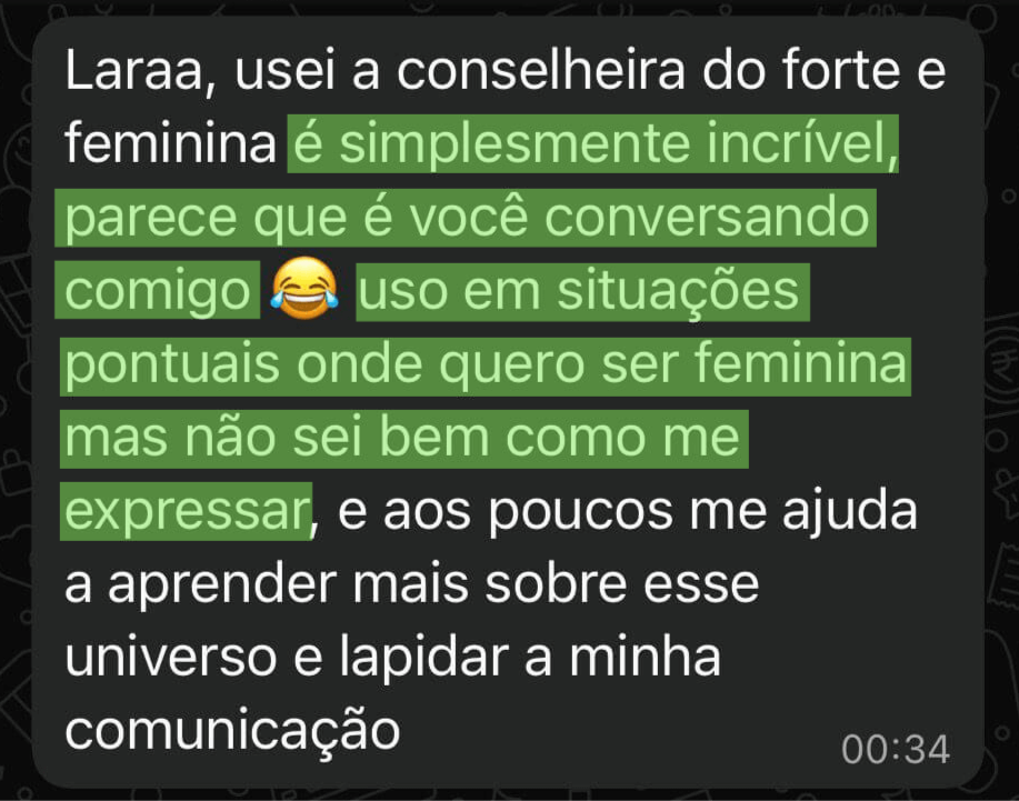 Print de depoimento: aluna diz que a LILA parece uma conversa real e ajuda a se comunicar de forma mais feminina