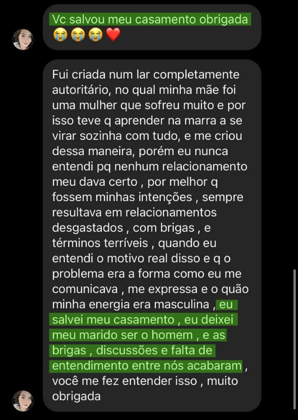 Print de depoimento: aluna diz que o curso salvou seu casamento ao mudar a forma de se comunicar