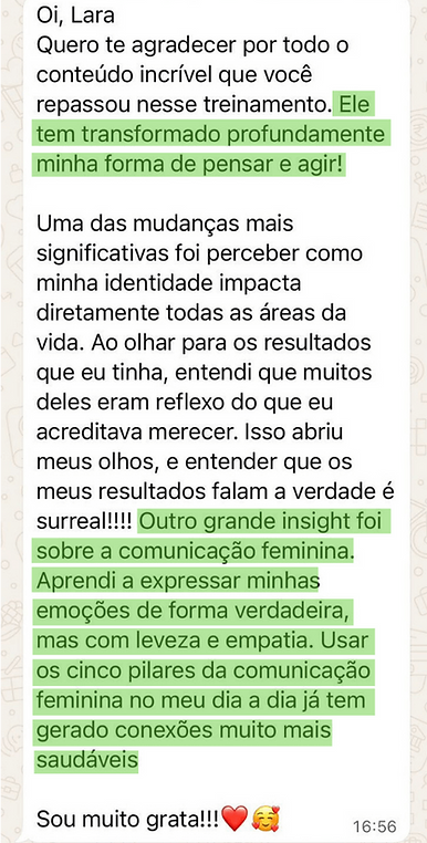 Print de depoimento: aluna agradece a transformação na comunicação usando os cinco pilares da comunicação feminina